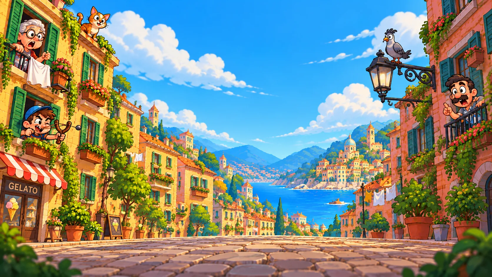 Ein sonniges italienisches Küstenstädtchen, der Schauplatz des Spiels